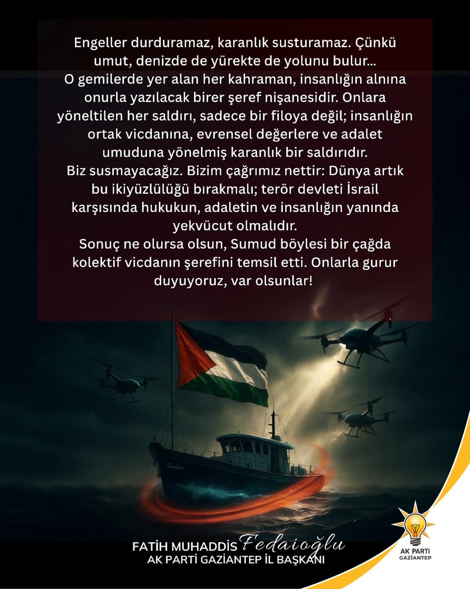 İnsanlığın rotası ebediyen Gazze. ♥️ 🇵🇸 

46 Ülkeden 497 Cesur Yürek ⛴️ 

#GlobalSumudFlotilla
#FreePalestine
#MyAgendaSumud

<a href="/abuyukgumus/">Ahmet Büyükgümüş</a> 
<a href="/fmfedaioglu/">Fatih Muhaddis FEDAİOĞLU</a> 
<a href="/Akparti/">AK Parti</a>