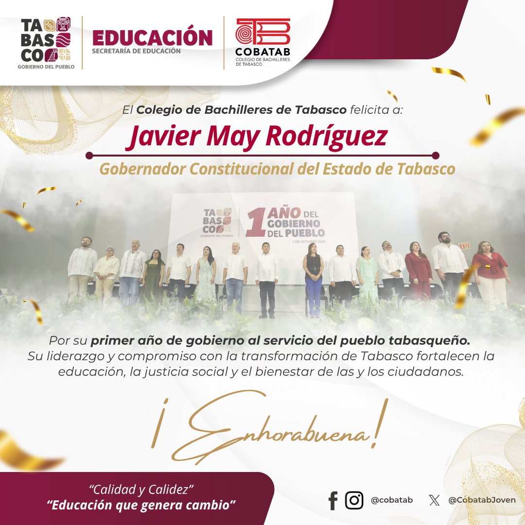 El COBATAB felicita al Gobernador  <a href="/TabascoJavier/">JAVIER MAY</a> por su primer año de gobierno, reconociendo su compromiso con el pueblo tabasqueño y el fortalecimiento de la educación.

<a href="/Gobdetabasco/">GOBIERNO DE TABASCO</a> 
#COBATAB #Tabasco #GobiernoDelPueblo