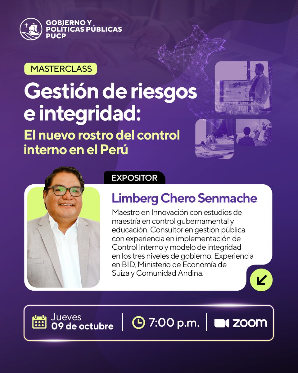 📢 Masterclass gratuita: Gestión de riesgos e integridad: el nuevo rostro del control interno en el Perú 🇵🇪

🗓 Jueves 09 de octubre | 🕖 7:00 p.m. | 📍 Zoom
Expositor: Limberg Chero Senmache
👉 Inscríbete aquí: bit.ly/4hpHrQU
#PUCP #EGPP #GestiónPública #Integridad