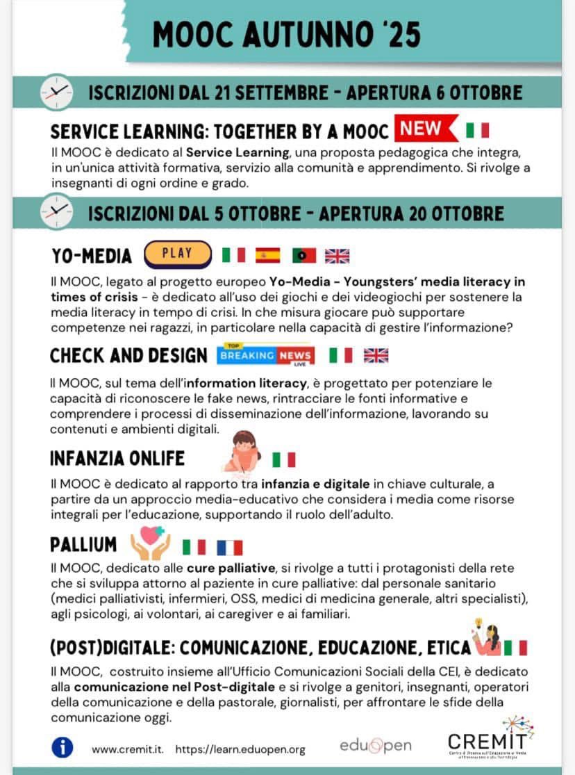 Ripartono i #mooc con la stagione autunnale. Tutte le info in locandina.

<a href="/Unicatt/">Università Cattolica</a>