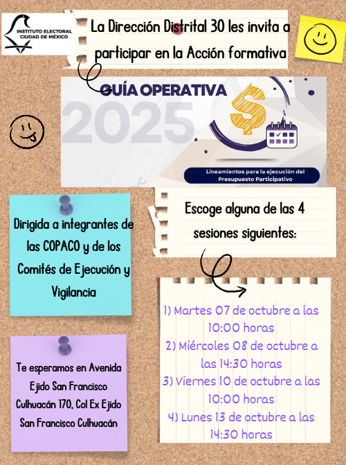 📢 Se invita a integrantes de COPACO y de Comités de Ejecución y Vigilancia a participar en la sesión presencial de la acción formativa “Guía operativa 2025. Lineamientos para la ejecución del Presupuesto Participativo 2025” 👩‍🏫
Cupo máximo por sesión: 30 personas.
¡Te esperamos!