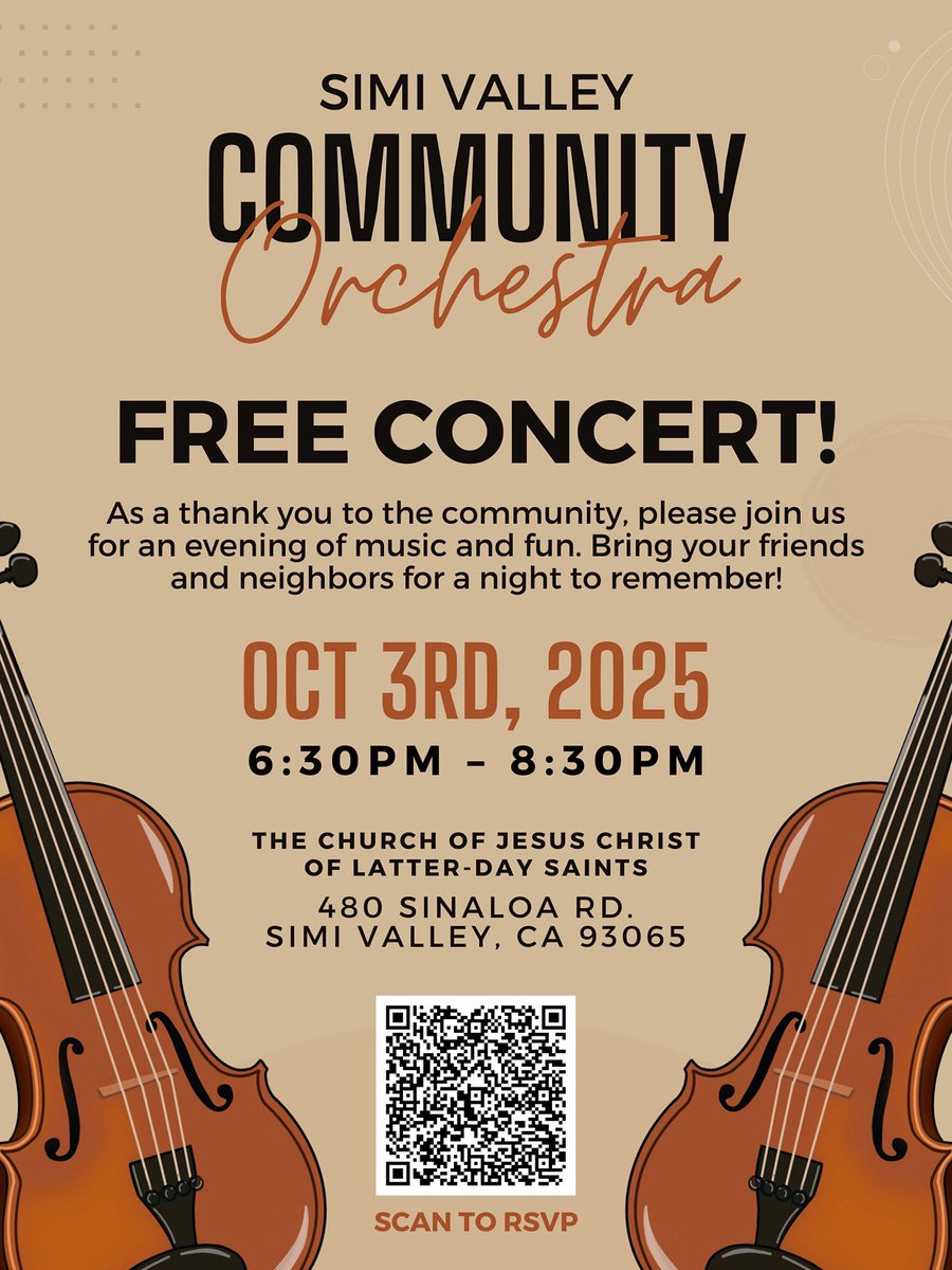 svorchestras's tweet image. FREE concert this Fri, Oct 3 🎶 The Simi Valley Community Orchestra &amp;amp; Choir perform at the LDS Church on Sinaloa as a thank-you for opening their doors to our rehearsals, as we continue working toward finding a permanent home for the orchestras in Simi Valley. All are welcome!