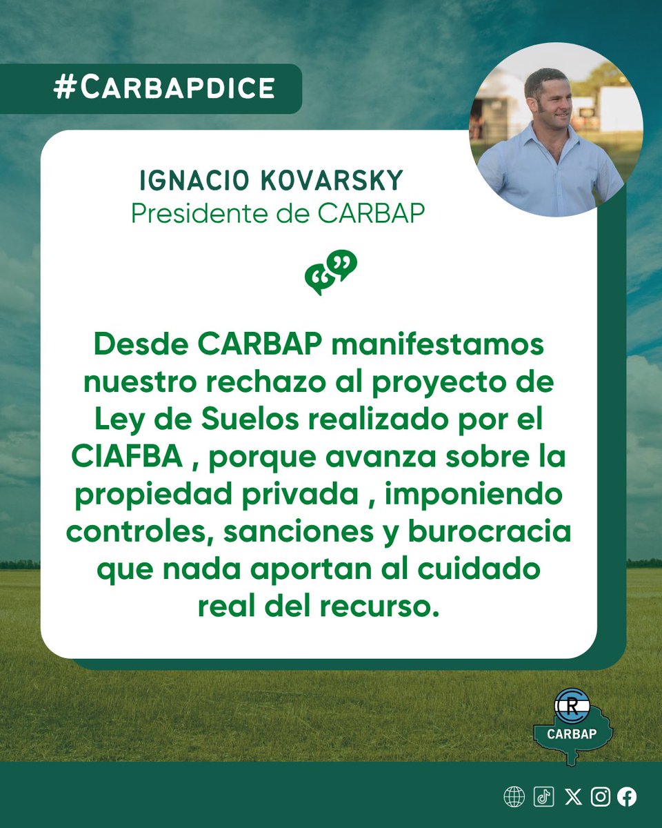 CARBAP_ARG's tweet photo. 📢 #CARBAPdice
Rechazamos el proyecto de Ley de Suelos elaborado por el CIAFBA, esto avanza sobre la propiedad privada de los productores imponiendo controles, sanciones y burocracia que nada aportan al cuidado real del recurso.

@PabloGinestet @kovavete @Carlosmbilbao @Gagavet1984 @BumperCrop1 @BichosdeCampo 

#SomosCARBAP #SomosCampo #SomosProductores