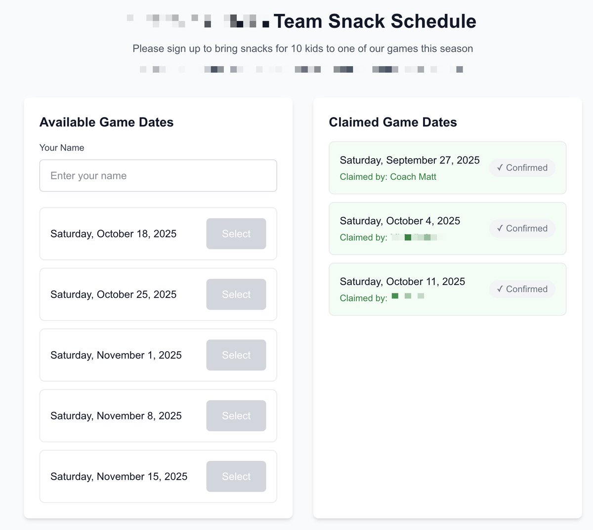 mattragland's tweet image. My first working app with users! 

Built a snack signup tool for my flag football team. Shows game dates, availability, claimed dates, and updates with selections. 

Very fun!