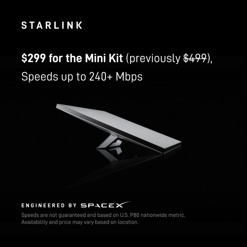 Starlink's tweet photo. Starlink Mini offers fast, reliable internet on the go—great for traveling, camping, exploring, boating, RVing, and more. 

Easily navigate, stream, and stay connected without dead zones or slow speeds. 

Order online in under 2 minutes.