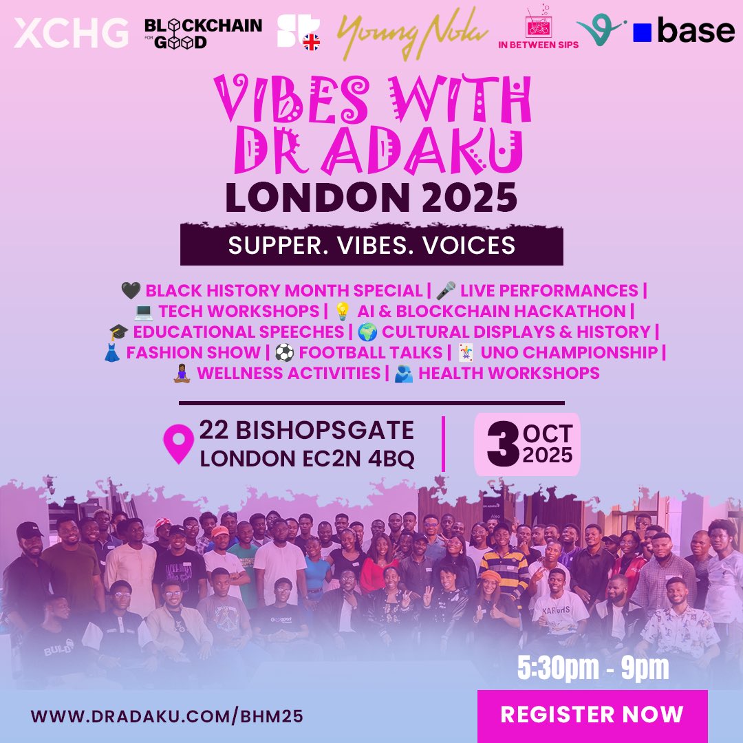 DrAdaku's tweet photo. Supper. Vibes. Voices. ✨ Black History Month is here and at VWDA, we’re setting the table for something different (and impactful) this Friday in London…

🗓 Friday 3rd Oct | 5:30–9PM | XCHG Spaces, Floor 7, 22 Bishopsgate, London, EC2N 4BQ
🎤 Performances by MarZ, Wura, Adeniké, KB & DR ADAKU 😊
🎧 DJ Tumzz
🔉 Talks by Deborah Somoye, Zimobi and more!
🍴 Soul food by @youngnolacreole 
🥂 Refreshments by In Between Sips
💡 Insightful talks + mini hackathon @ChainforGood 
🎶 Music, games, performances & Black joy all night

Hear from and watch trailblazers who are ones to watch as we turn supper into solutions. UNO, soul food, and building apps over dinner… what’s not to love? 🤗

This is not just dinner and vibes, it’s about feeding the mind and building together. Dinner → ideas → solutions ❤️ 

& of course, superwomen is back @SuperteamUK! 💕 

Also learn more about @ChainforGood @baseapp @baseduk_ @virtuals_io @lovable @SuperteamUK on Friday too!

🔗 Register now: https://t.co/vN9jIlrYCv

#SupperVibesVoices #BlackHistoryMonth #VibesWithDrAdaku #VWDALondon