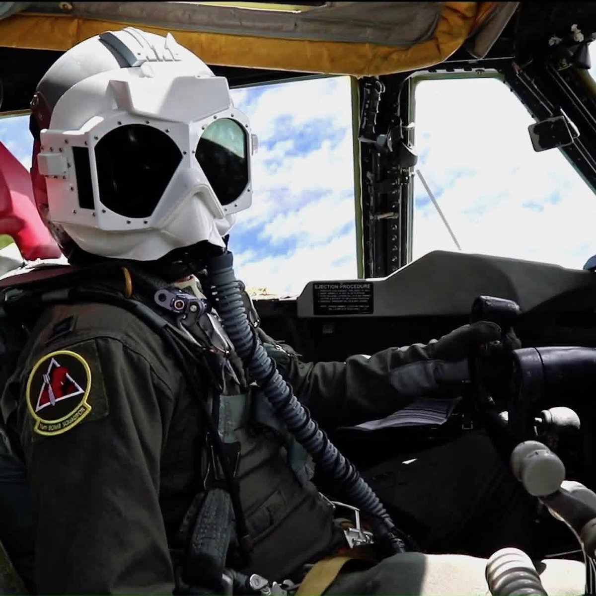 WarAviation's tweet photo. B-52H Stratofortress strategic bomber pilot donning an HGU-55/E helmet with PLZT (Polarized Lead Zirconium Titanate, pronounced ‘plizzit’) goggles to protect the eyes from an injury caused by the initial thermal flash from a nuclear blast. https://t.co/1YFKjJw4YV