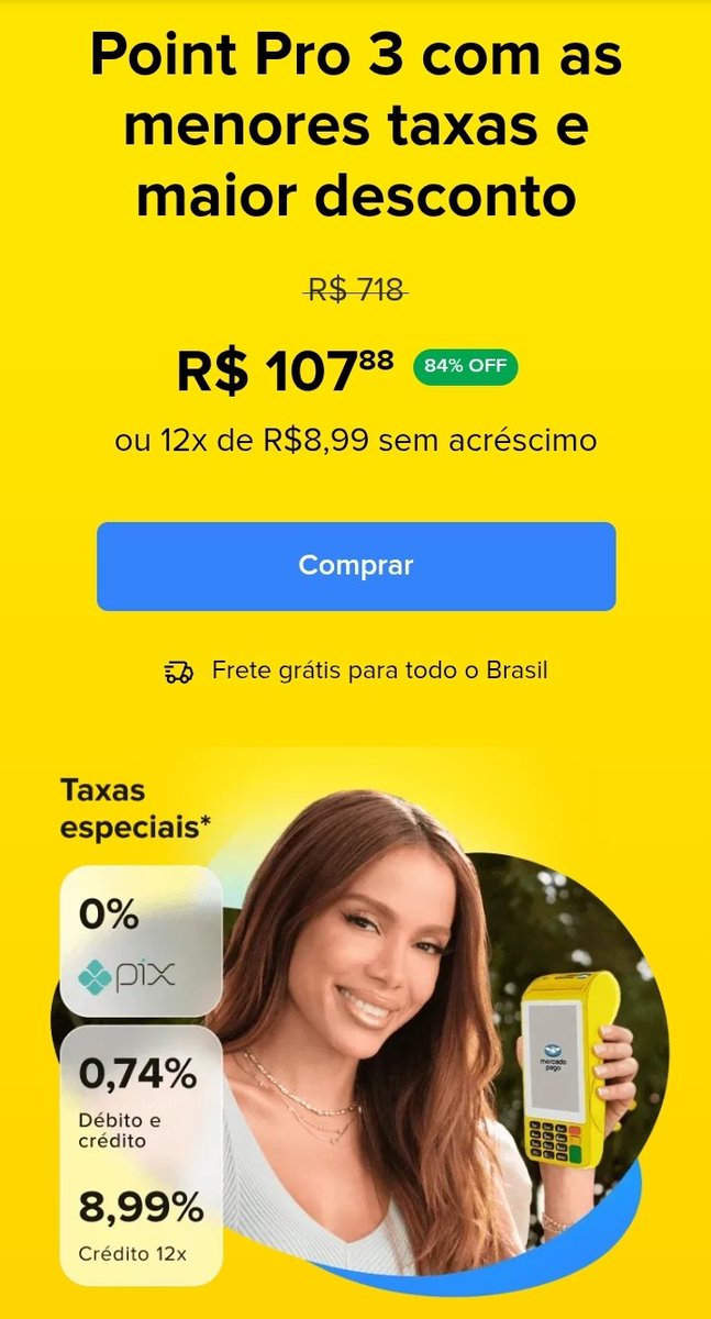 [ PUBLIC ] IMPERDÍVEL! 12 X R$ 8,99 DESCONTO POR Tempo Limitado ! para comprar sua maquininha Point Pro 3*. OFERTA AQUI : mpago.li/2XC9sjx *Aproveite esse desconto e garanta taxas promocionais !  TAGS HOJE: Oferta Mercado Pago ,  Respeitem o Brasil  #mercadopago