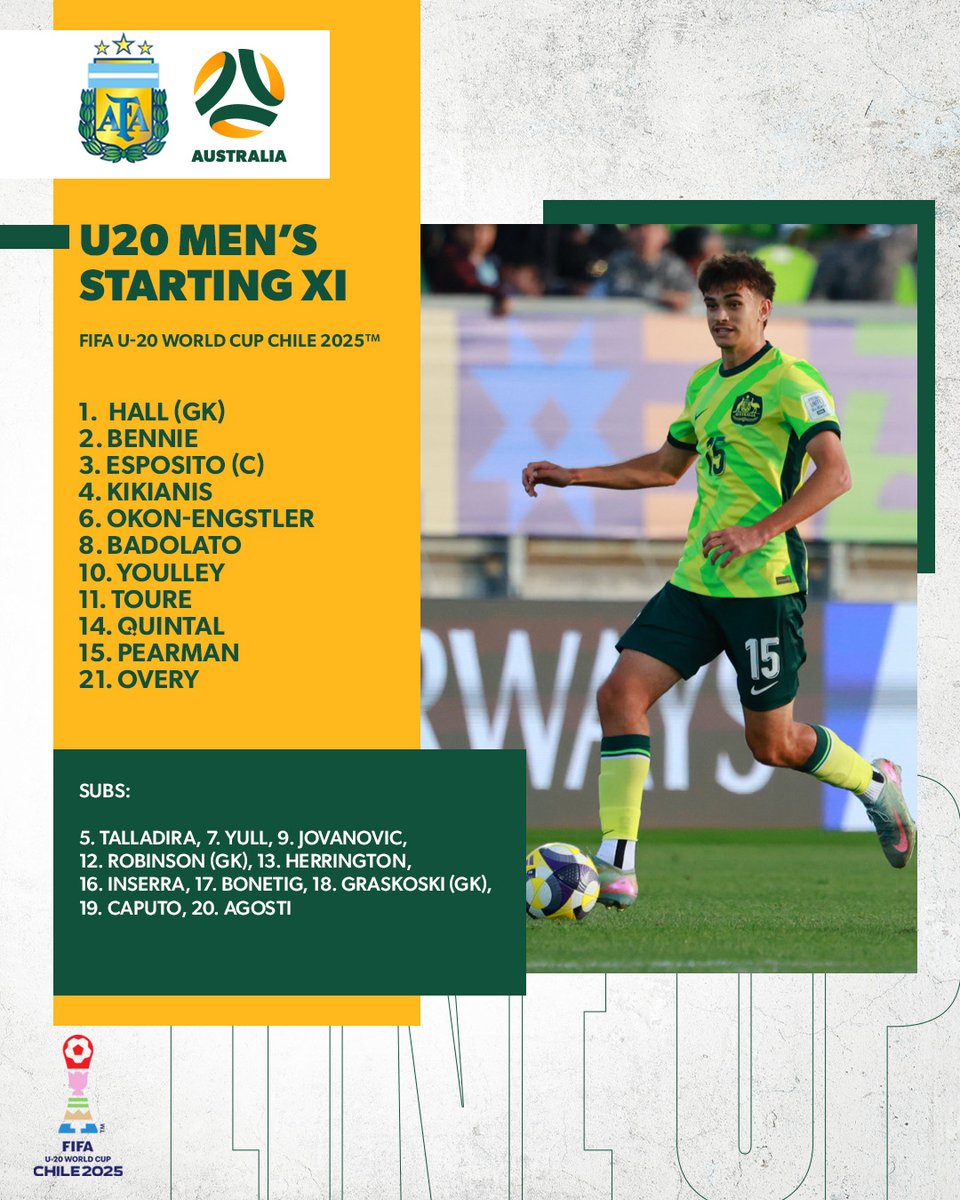 FootballAUS's tweet image. 📋 Three changes to the #YoungSocceroos XI to face Argentina. 

James Overy, Jaylan Pearman and Tiago Quintal come into the side.

🇦🇷 v 🇦🇺 - 2.10.25, 9:00am AEST
📺 Live on SBS, SBS On Demand, FIFA+

#U20WC