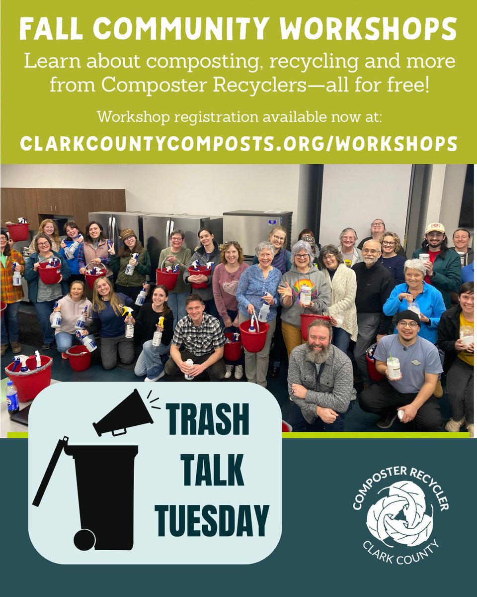 This fall, let's break it down! 🪱🍂The Composter Recycler program's FREE fall community workshops kick off in early October - covering sustainable lifestyle habits including green cleaning, composting techniques, low-waste cooking and more! #TrashTalkTuesday