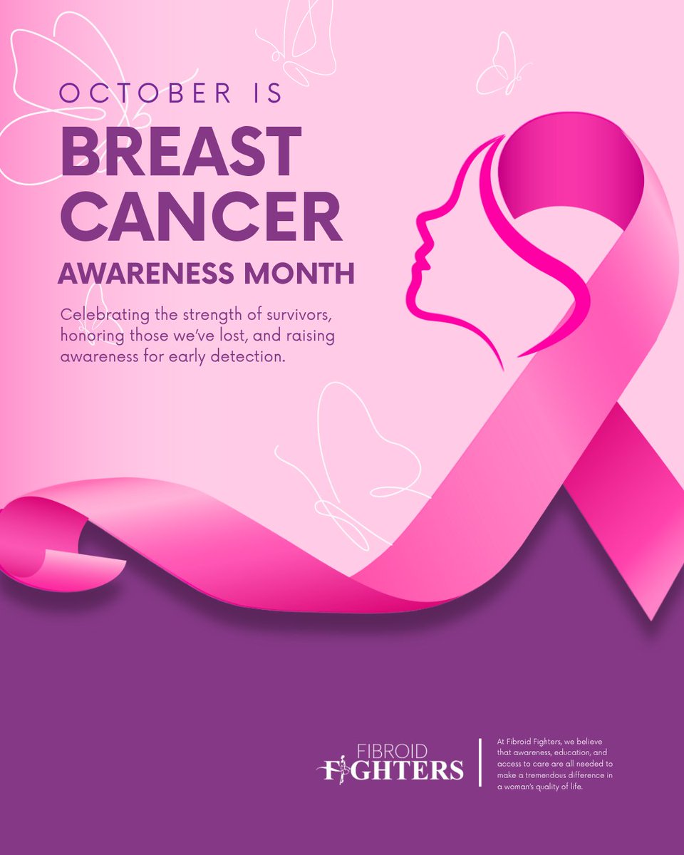 October is Breast Cancer Awareness Month. At Fibroid Fighters, we stand with every woman impacted by breast cancer and continue our mission to raise awareness for women’s health. 💗🎀 

#FibroidFighters #BreastCancerAwareness #WomensHealth