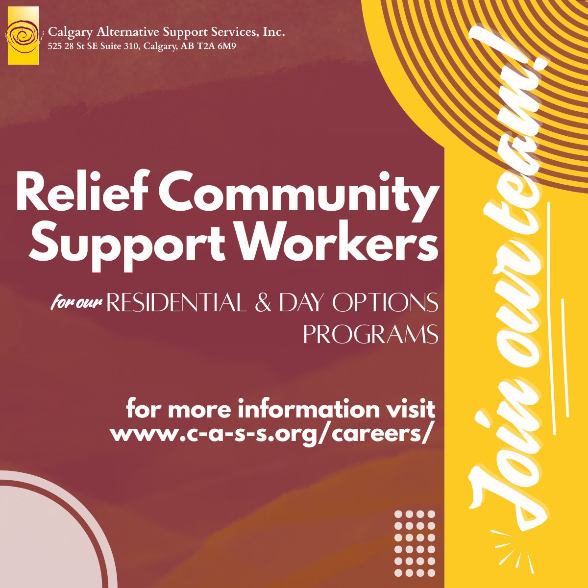 CASS is hiring! ✨

If you are interested in supporting individuals to live their best lives in a fun and dynamic environment, apply now! 

For more information on our available positions, and how to apply, we encourage to check our careers page: c-a-s-s.org/careers/