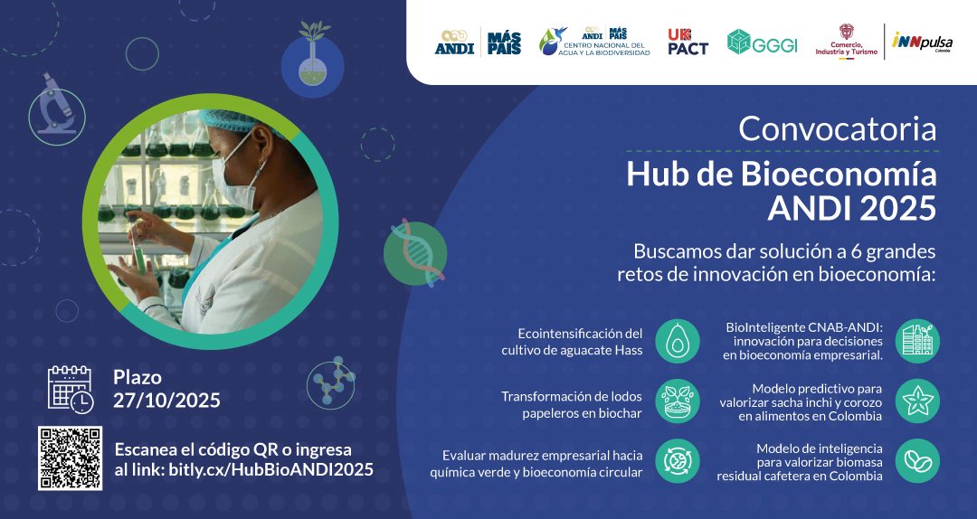 CNAB_ANDI's tweet photo. ¡Llegó el día! Invitamos a universidades, startups, institutos, organizaciones e  interesados, a solucionar 6 retos de innovación en Bioeconomía contribuyendo al “Hub de Bioeconomía de la @ANDI_Colombia en alianza con @gggi_hq @MincomercioCo @InnpulsaCol @UKinColombia💡👇🏻 https://t.co/rjqZMGOMJ4