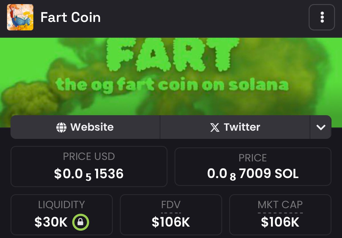 FartOnSolana's tweet photo. $FART just ripped past 100K again 💨
What a legendary time to be alive 🚀

#Solana #SolMemecoin #FartMeta https://t.co/uD53MM5ap1