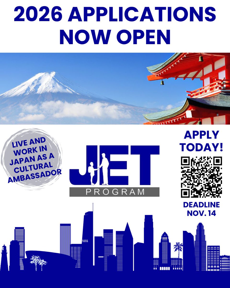 🌸 Are you interested in working in Japan? 🌸

Applications for 2026 departures of the Japan Exchange and Teaching (JET) Program are now open until November 14!

Learn more about the JET Program by visiting our website and checking out <a href="/JETProgram/">JET Program USA</a>✈️🌏

🔗jetapplication.com