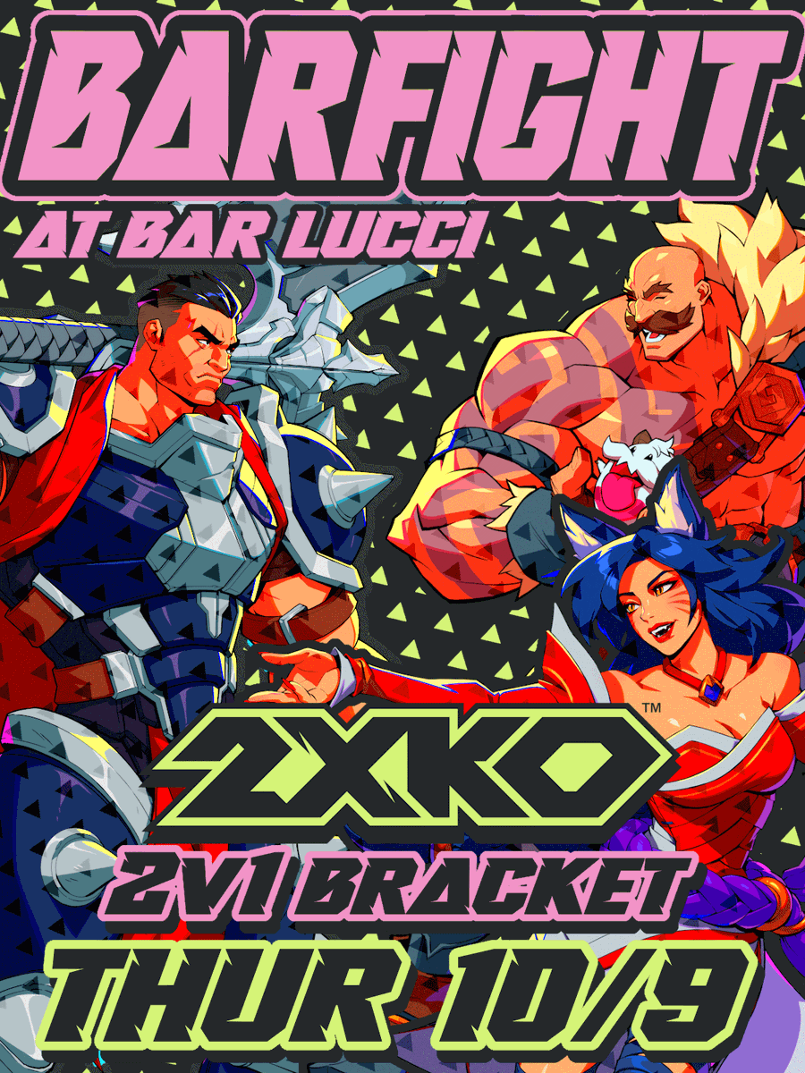 No BARFIGHT tomorrow, but come by next week on 10/9 for a 2v1 2XKO bracket!  
You can enter as a team of 2, or as a team of 1, and face off in bracket! So grab a partner or hit the lab and sign up below! Bracket starts at 730pm