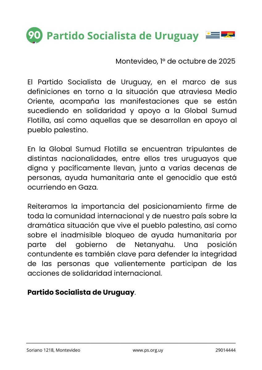 📃 Declaración de <a href="/Socialistas90/">Partido Socialista</a> en apoyo y solidaridad a la Global Sumud Flotilla.

¡No al Genocidio!

🇵🇸Palestina libre