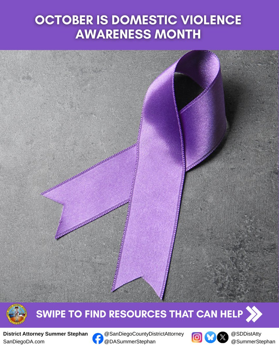 SDDistAtty's tweet image. 💜October is Domestic Violence Awareness Month💜

If you or someone you know is being abused, help is available:

📞 National DV Hotline: 1-800-799-SAFE (7233)
📞 One Safe Place (SD County): 1-888-HOPE (4673)

You are not alone. 

#DVAM #EndDomesticViolence #YouAreNotAlone