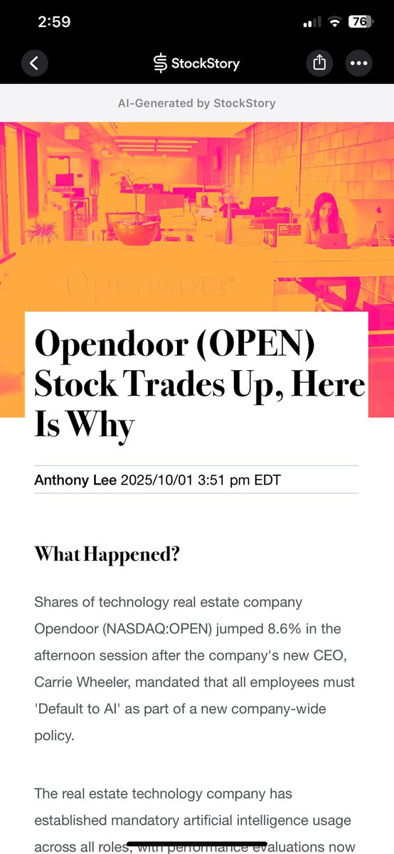 anujsharma181's tweet photo. Interesting mess up by AI generated news article (I believe this is AI generated article). CEO’s name of @Opendoor is not correct 😊. Welcome to the new world of AI https://t.co/IsaGPBAI9L