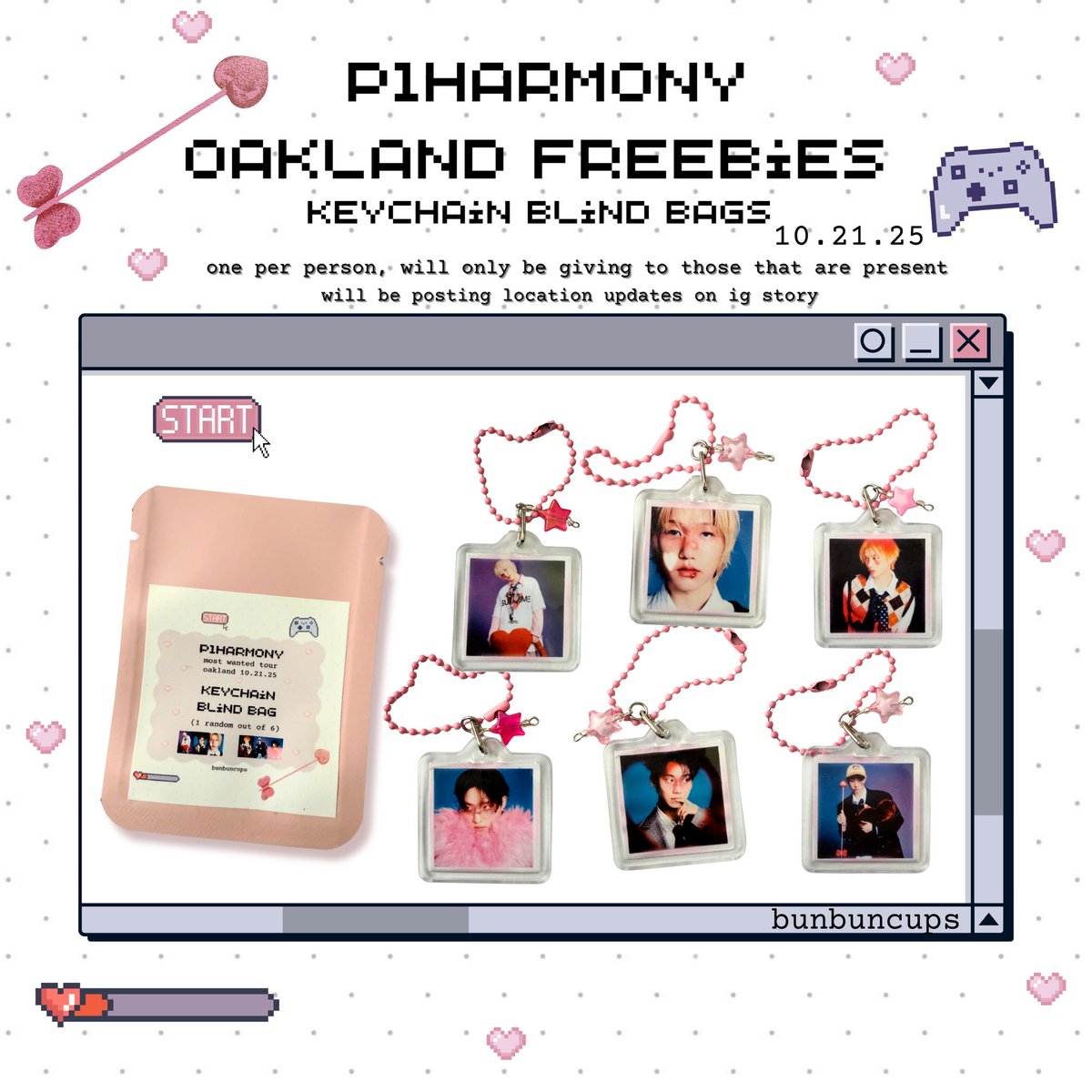 bunbuncups's tweet photo. P1Harmony Oakland Freebies 10/21! 
Both Admins will be handing out separate freebies, keychain blind bags &amp; stickers! 
We will be updating our location on our IG story so make sure to follow us there :D 
Can’t wait for the concert! https://t.co/XVLK67avLn