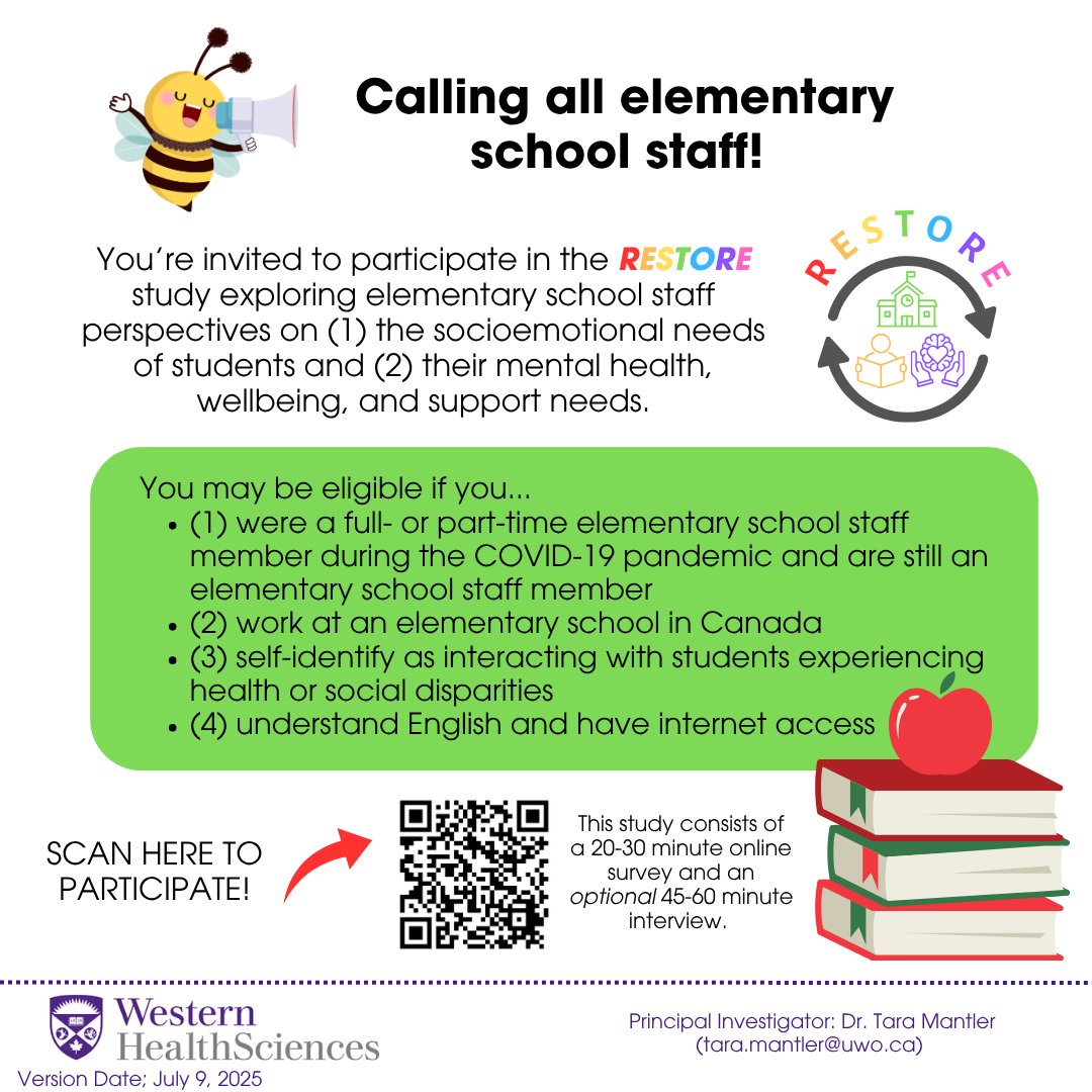 The RESTORE Research Team would like to hear from elementary school staff. Any questions, please contact jyates23@uwo.ca or tara.mantler@uwo.ca.