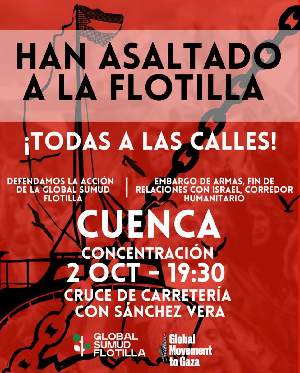 Mañana ¡Todas a la calle en Castilla-La Mancha para exigir la liberación de todas las activistas de La Flotilla! ¡@GSMFlotilla no se toca! #AllEyesOnSumudFlotilla
