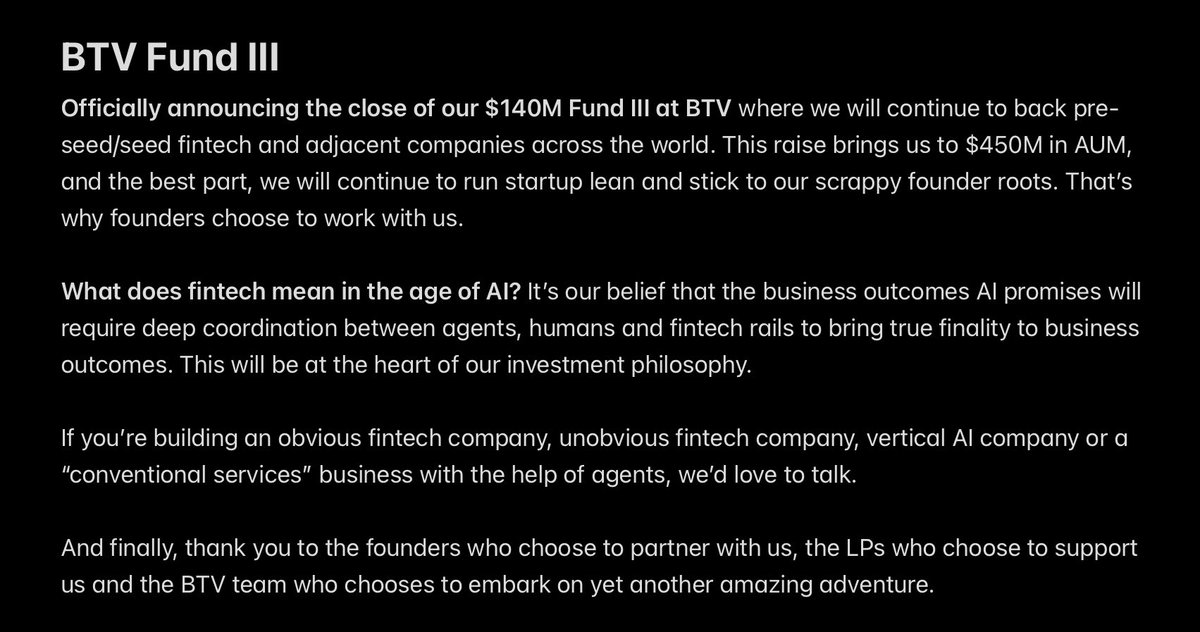 nbobba's tweet image. Announcing our third fund @btv_vc. Some thoughts on the fund and fintech in the age of AI!

@pitdesi @iamjakestream @jbahrdestefano