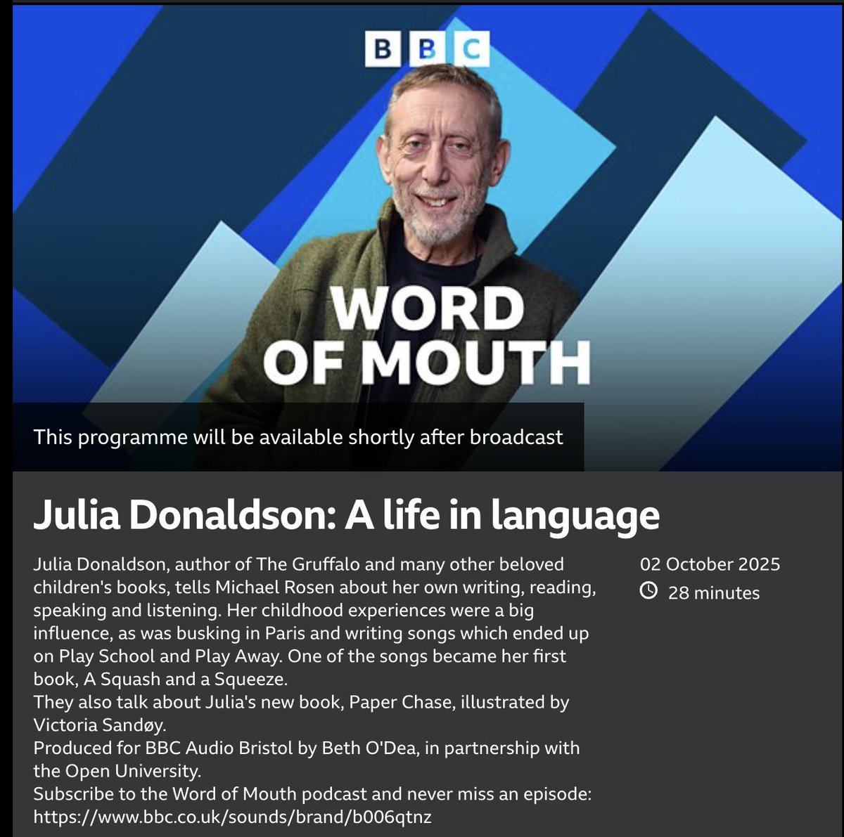 Tomorrow 3.30pm
I'm interviewing Julia Donaldson.