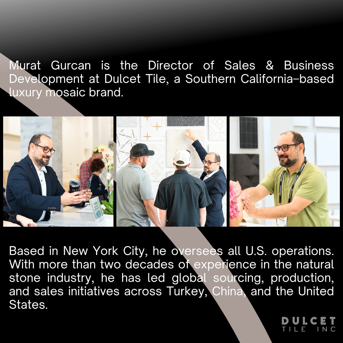 DulcetTile's tweet photo. We’re proud to announce that Murat Gurcan, our Director of Sales &amp; Business Development, has been nominated as one of only two candidates for the North American Distributor seat on the Natural Stone Institute Board of Directors @MarbleInstitute https://t.co/CqnBcaqn35