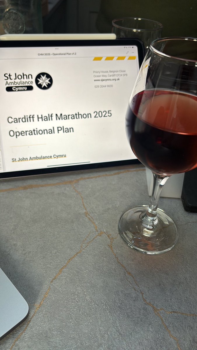 We began planning CHM25 in March and today saw us host our final planning meeting ✅ Time to kick off my birthday with a ceremonial iPad switch-off &amp; glass of wine. I’m in Cardiff from Friday joining <a href="/SJACymru/">St John Ambulance Cymru</a> for preparations. Sunday will see over 150 volunteers deployed!!🏴󠁧󠁢󠁷󠁬󠁳󠁿🚑🩺