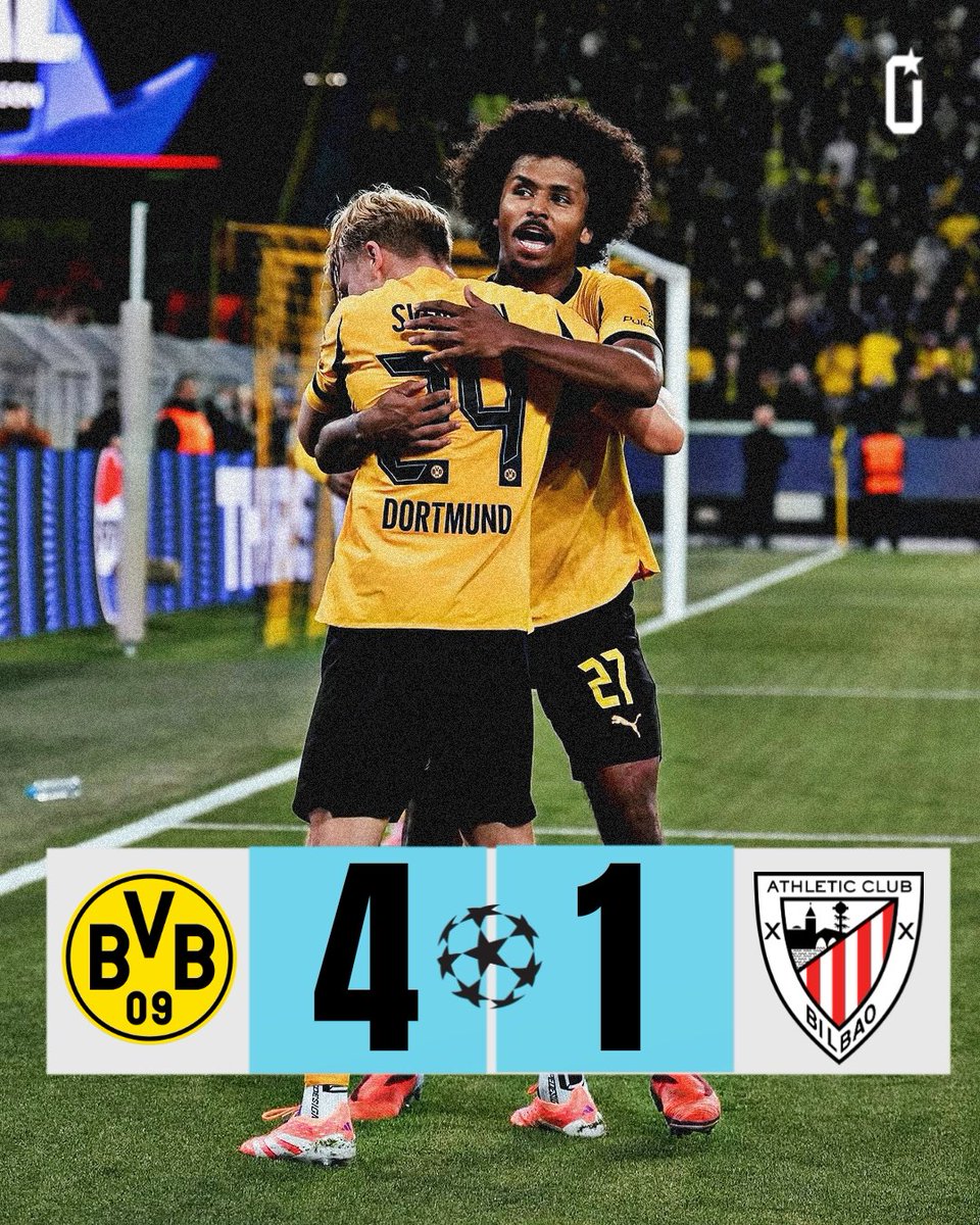 Oltinalacon22's tweet photo. TERMINÉ ⏱️ 
 DORTMUND 🇩🇪 4-1 🇪🇸 ATHLETIC BILBAO

⚽Svensson 28'
    ⚽Chukwuemeka 50'
⚽Guruzeta 61'
⚽Guirassy 82'
⚽Brandt 90+1'

LE BVB FAIT LA LOI SUR SA PELOUSE ! 

#UCL #bvbrbl https://t.co/dbGVXGUNIA