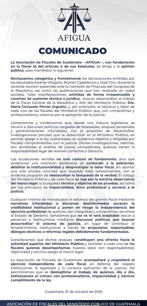 La AFIGUA jamás se pronunció por las destituciones ilegales que destruyeron la carrera fiscal ni por la persecución ilegal de colegas.

Hoy, con un comunicado lleno de adjetivos, corren a defender a Consuelo Porras, la principal responsable de socavar la institucionalidad del MP.