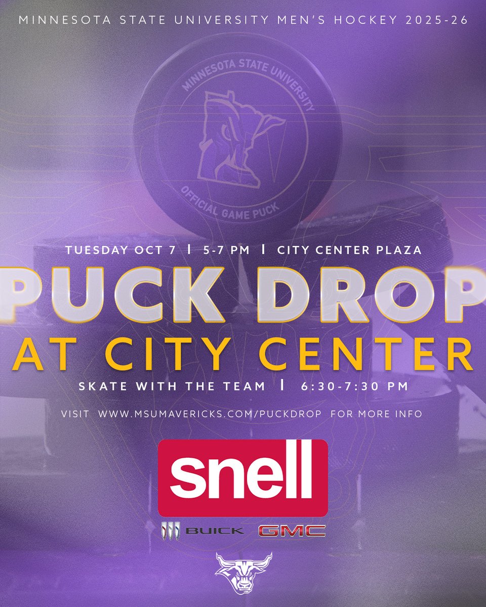 Minnesota State Hockey (@minnstmhockey) on Twitter photo Be sure to join us Tuesday for Puck Drop in City Center presented by Snell Motors! All the fun begins at 5 p.m.
For more information visit: msumavericks.com/PuckDrop
<a href="/MCHSEventCenter/">Mayo Clinic Health System Event Center</a> <a href="/linechangenil/">Maverick Line Change Collective</a> Be sure to join us Tuesday for Puck Drop in City Center presented by Snell Motors! All the fun begins at 5 p.m.
For more information visit: msumavericks.com/PuckDrop
<a href="/MCHSEventCenter/">Mayo Clinic Health System Event Center</a> <a href="/linechangenil/">Maverick Line Change Collective</a>