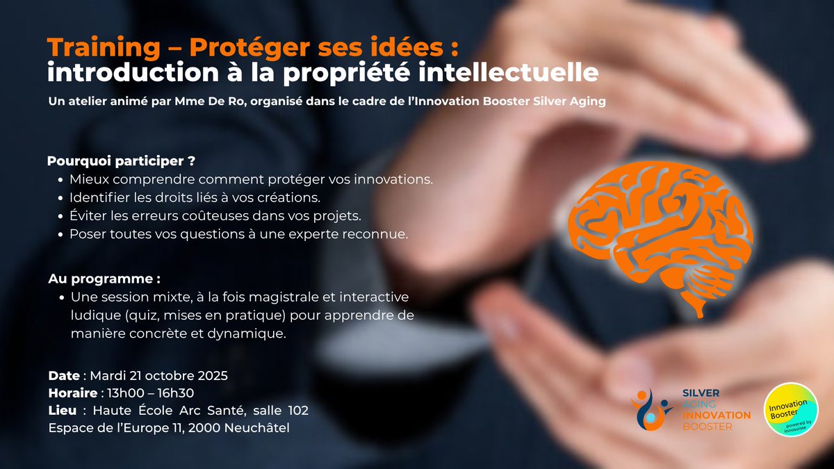 Innovation Booster Silver Aging (@ib_silveraging) on Twitter photo 💡 Protéger ses idées, c’est la première étape pour innover.
📅 21.10.2025 – 13h00 à Neuchâtel
Atelier interactif sur la propriété intellectuelle avec Astrid De Ro.
👉 Inscription gratuite obligatoire. silveraging.ch/training-propr…
#swissinnovationbooster #innosuisse <a href="/Innosuisse/">Innosuisse</a> 💡 Protéger ses idées, c’est la première étape pour innover.
📅 21.10.2025 – 13h00 à Neuchâtel
Atelier interactif sur la propriété intellectuelle avec Astrid De Ro.
👉 Inscription gratuite obligatoire. silveraging.ch/training-propr…
#swissinnovationbooster #innosuisse <a href="/Innosuisse/">Innosuisse</a>