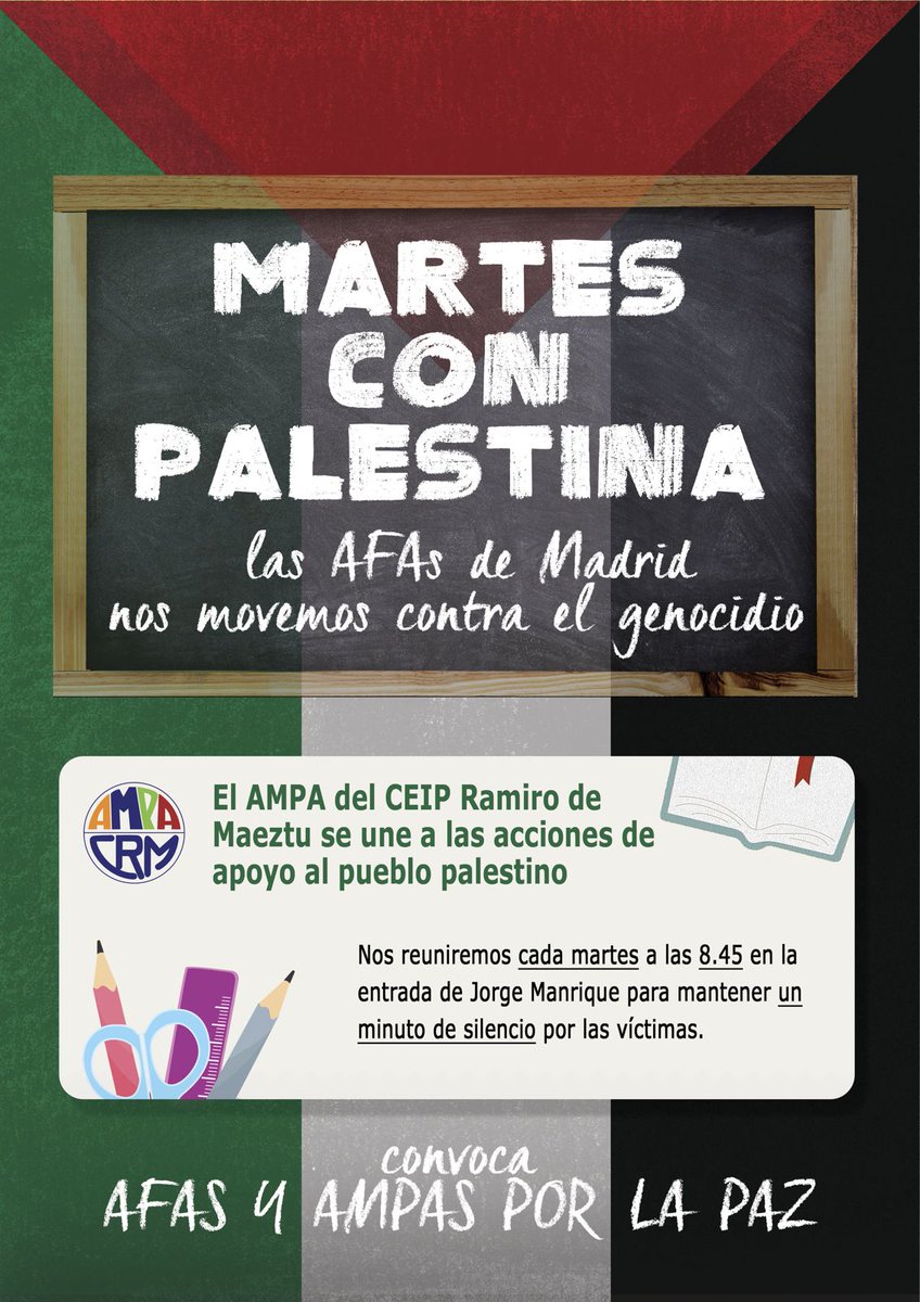 DemenciaEstu's tweet photo. Un grupo de profes se concentró a la entrada del Instituto para recordar a las víctimas de Gaza.
Seguirán concentrándose los martes junto con el AMPA del CEIP para quien se quiera unir.
También animamos a manifestarse mañana contra el ataque israelí a la flotila humanitaria 🇵🇸. https://t.co/hEyqDt9cvX