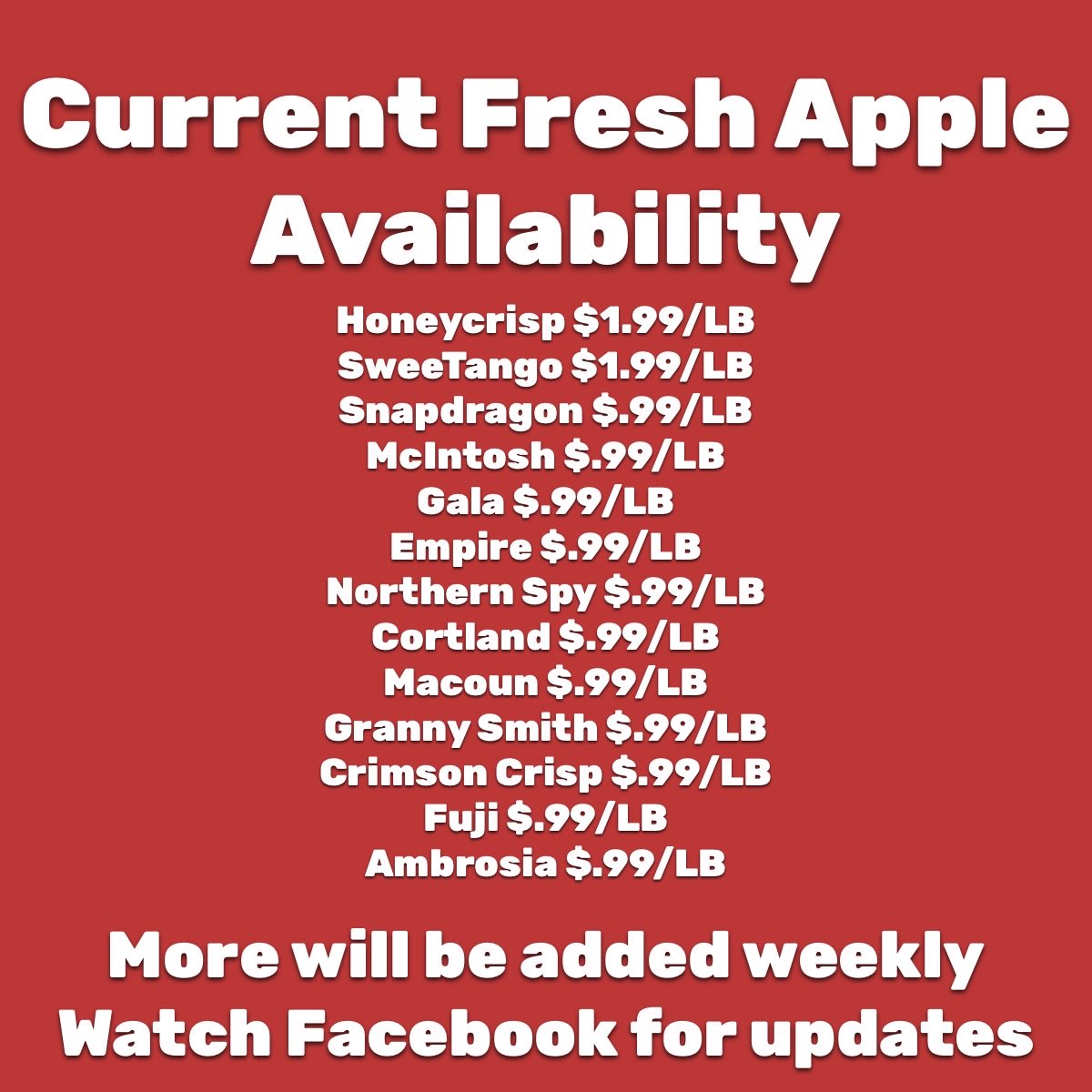 🍎 CURRENT APPLE AVAILABILITY 🍎  

Below is what is currently available for sale for fresh apples.

2 Nanticoke Ave
Endicott, NY 13760
7 Days a week 7AM-6PM
