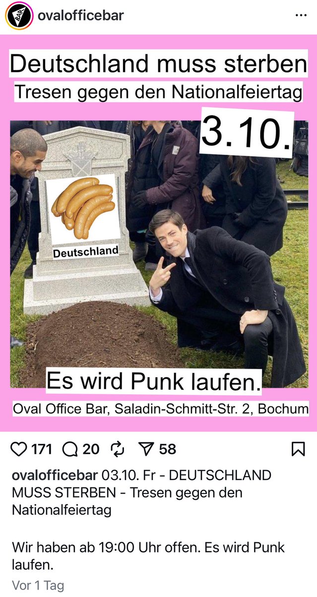 MatthiasHauer's tweet photo. Was sagt das Bochumer Schauspielhaus zu dieser Veranstaltung? Wer „Deutschland muss sterben“ propagiert, dürfte eher ein Fall für den Verfassungsschutz sein und hat jedenfalls nichts in städtisch bezuschussten Räumen verloren. @BfV_Bund #OvalOfficeBar #kosmopolis https://t.co/zzAvWrY1Hn