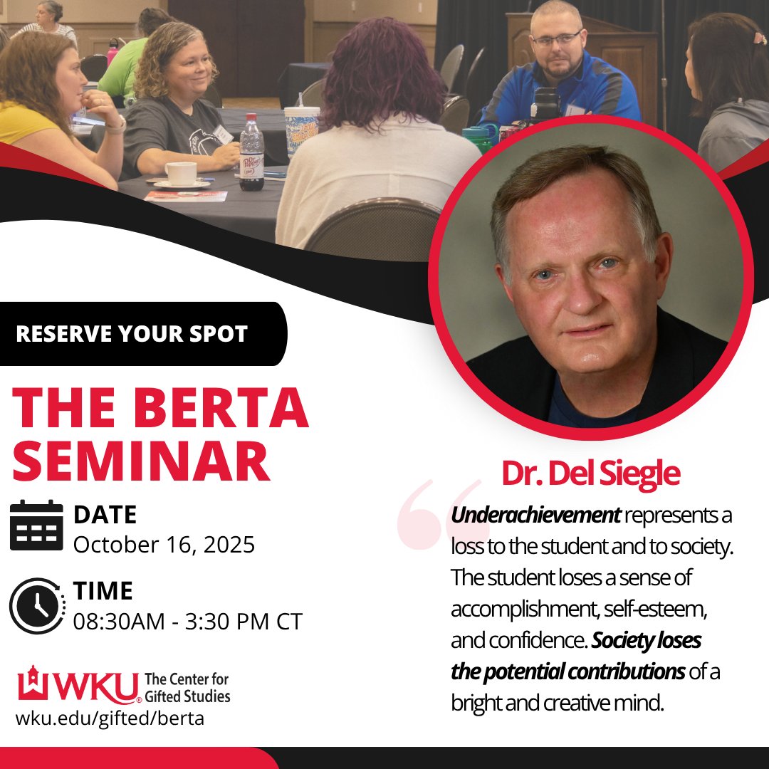 GiftedStudies's tweet image. What are the factors leading to underachievement in students? Learn how to reverse them on October 16 with guest speaker, Dr. Del Siegle. 

Learn More and Register: wku.edu/gifted/berta/

#gifted #mindsonhandson #gtchat