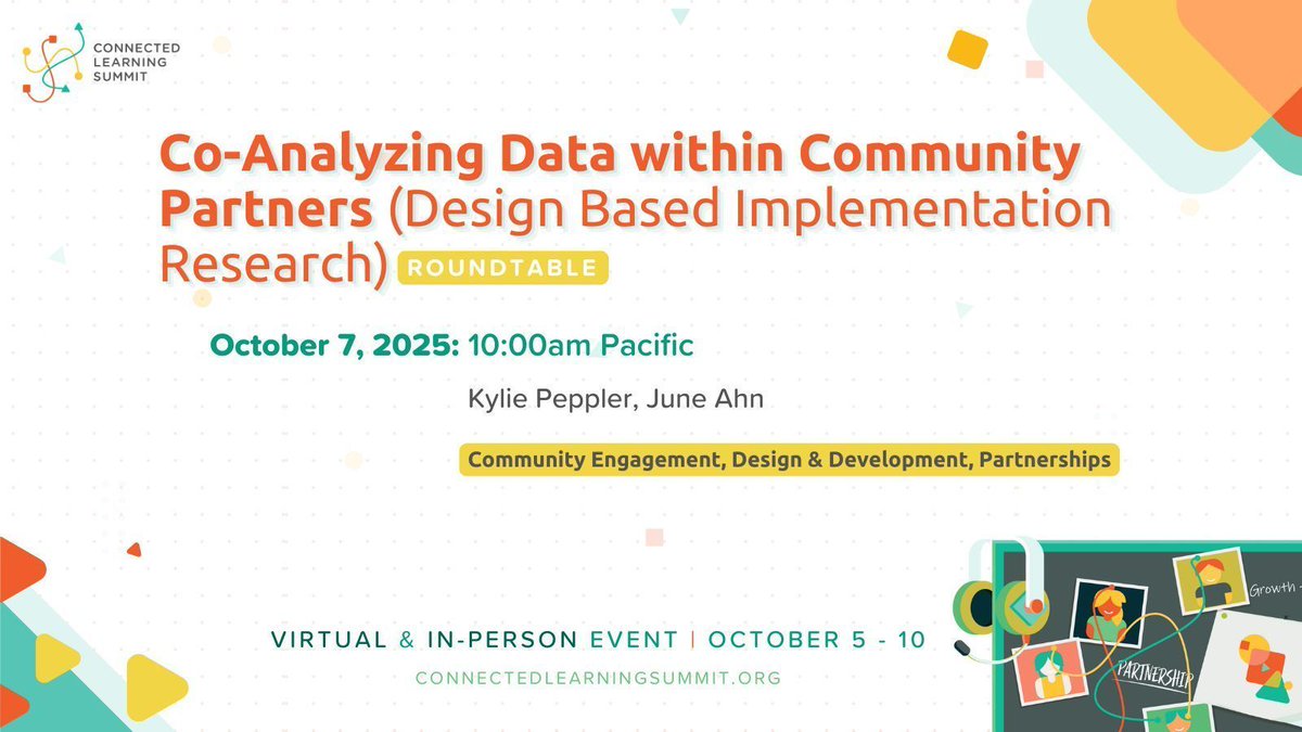 TheCLAlliance's tweet image. The Design Based Implementation Research roundtable on October 7 from 10am-12pm Pacific invites colleagues to engage with co-analysis as a means to resist simplification and enrich the complexity of research.

✨RSVP + Register for #ConnectedLearning2025: connectedlearning.news/CLS2025-Regist…