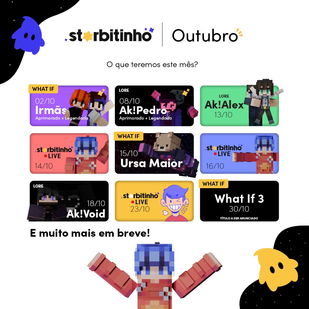 starbitinho's tweet photo. Se liga na programação do Starbitinho para o mês de Outubro! 💫
What If's novos, versões legendadas de cinematics já lançadas, novas cinematics dos apoiadores de #Arkanis e lives do bitinho!
Também estou aprendendo a animar em outro jogo. Mais detalhes em breve! ❤️ https://t.co/utF2ZbihNc