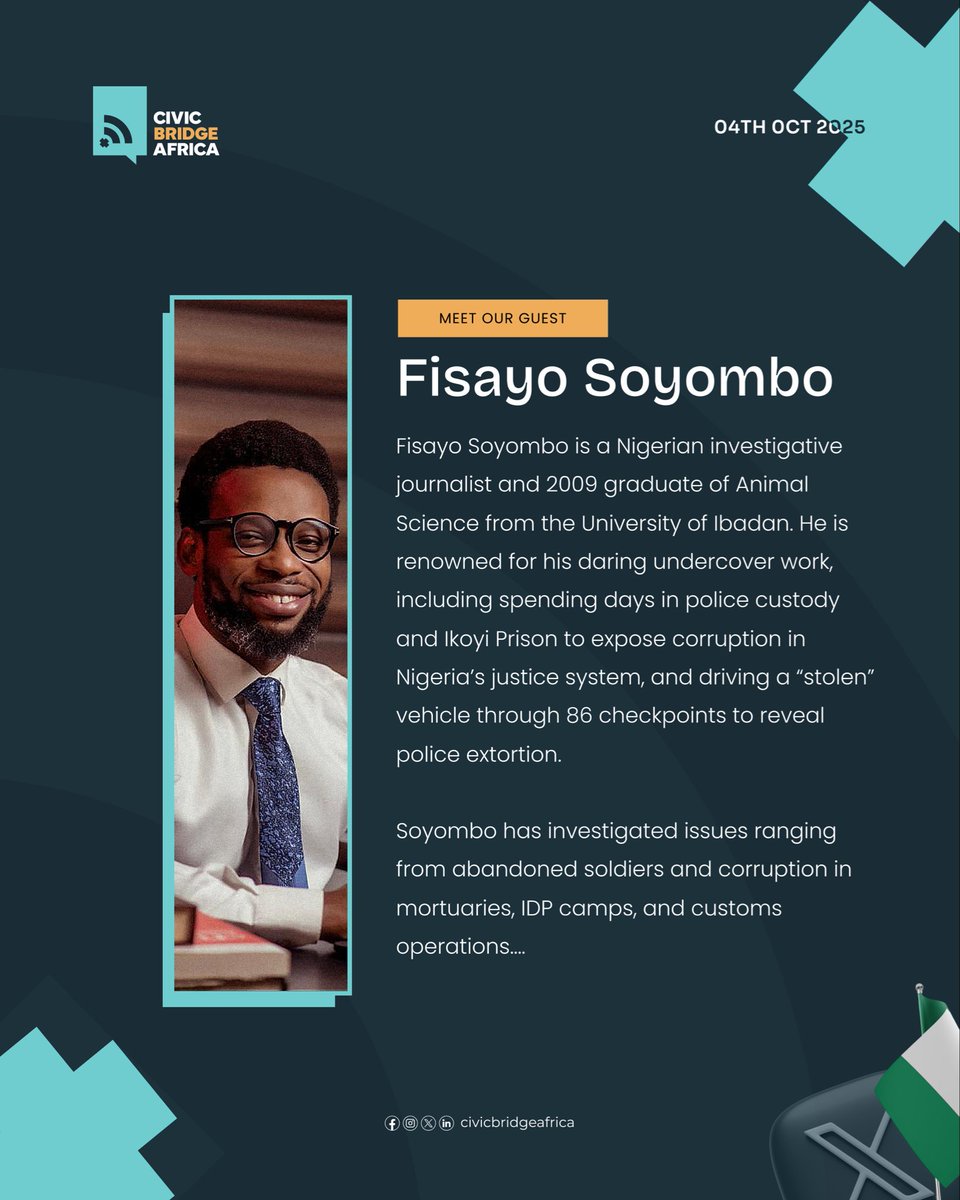 civicbridgeafr's tweet photo. 🇳🇬 At 65, Nigeria still wrestles with a lot.

Join us on Oct 4 with investigative journalist @fisayosoyombo as we unpack the past, the present and the future. 

https://t.co/bZ5JlL3OZE

#NigeriaAt65 #CivicBridgeAfrica https://t.co/uZ6yzl42xe