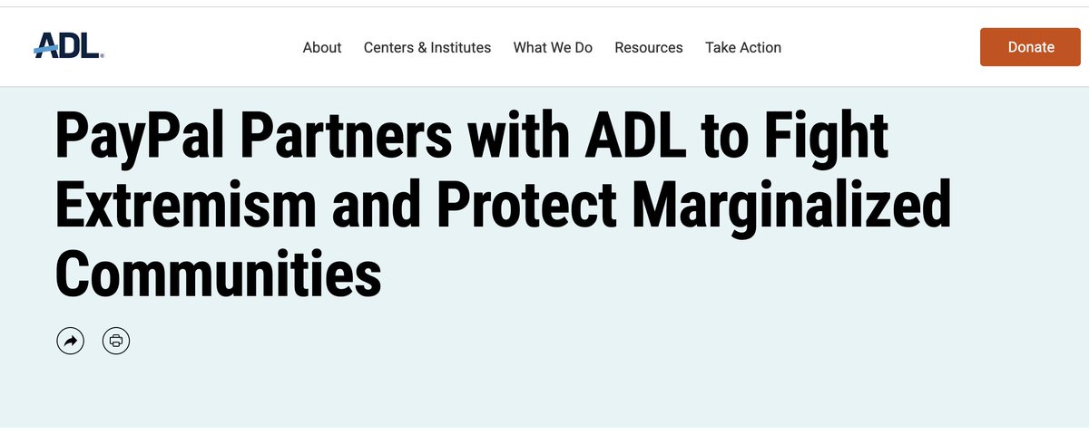 ggreenwald's tweet image. The ADL has bullied and coerced huge numbers of institutions to take orders from it about whose views should be deemed "extremist" and thus prohibited, and whose shouldn't.
As but one example, Paypal uses the ADL to decide who should be expelled from using its services: