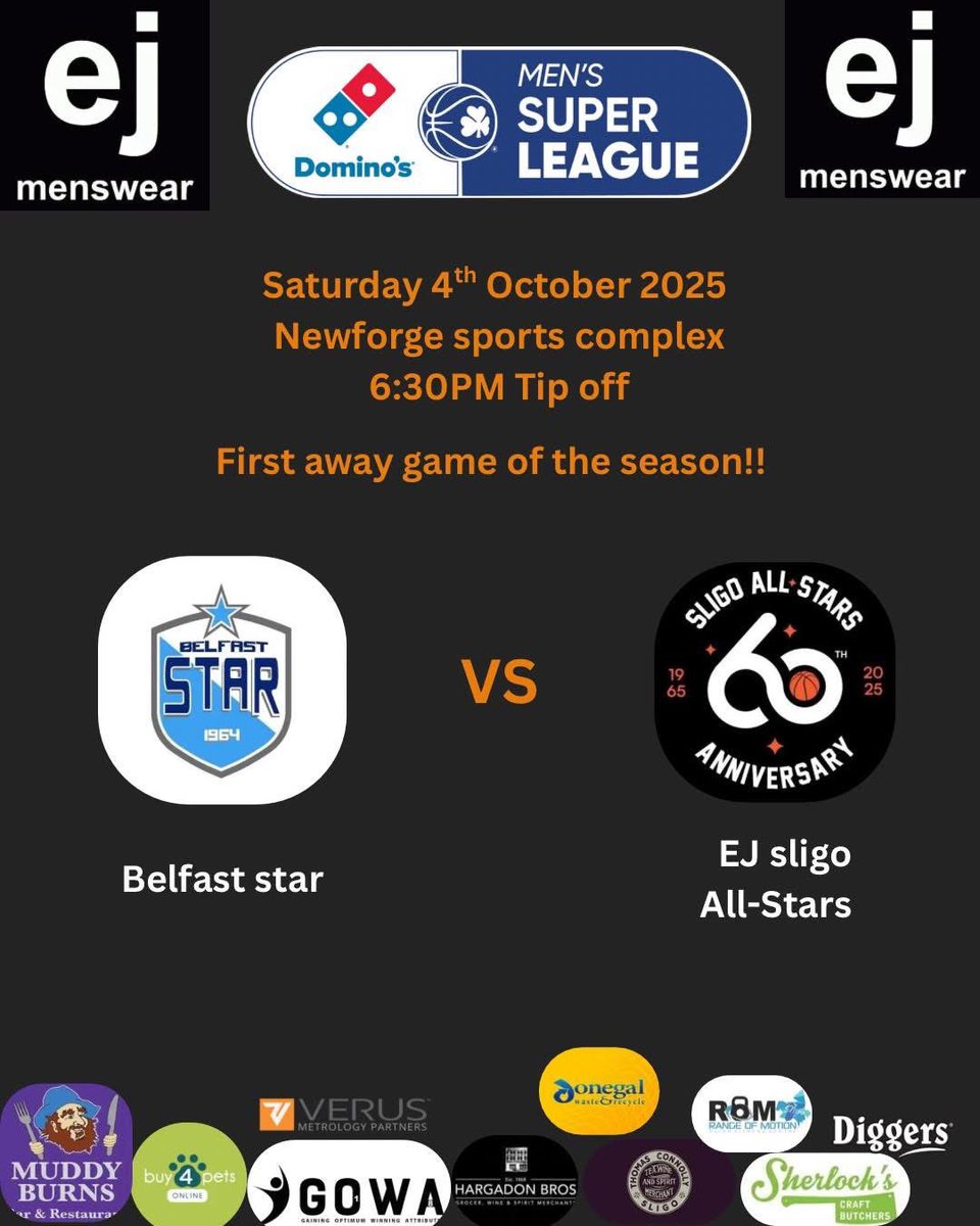 💥New Superleague Season Opener💥

🏆 <a href="/Dominos_ROI/">Domino's Pizza ROI</a> Men’s Superleague
🆚 <a href="/BelfastStar64/">Belfast Star</a> 
📆 Saturday 4th October
🏟️ @NewforgeSports
🏀 6.30pm
📻 @OceanFmSport
📺 LIVE on BasketballIreland.tv
📲 LIVE Stats on @SwishLive App

🤵‍♂️@Ejmenswear |🐶<a href="/Buy4PetsOnline/">Buy4PetsOnline</a>