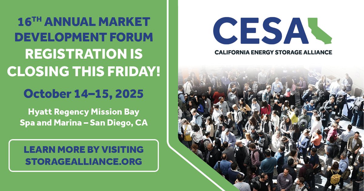 ⏳ Online registration for #CESAMDF closes this Friday.

Join CA’s top energy leaders Oct 14–15 in San Diego to shape the future of storage.

issuu.com/smalaunch/docs…
 storagealliance.org/mdf2025
🔁 Please share to help spread the word!
#EnergyStorage #CleanEnergy #EnergyPolicy