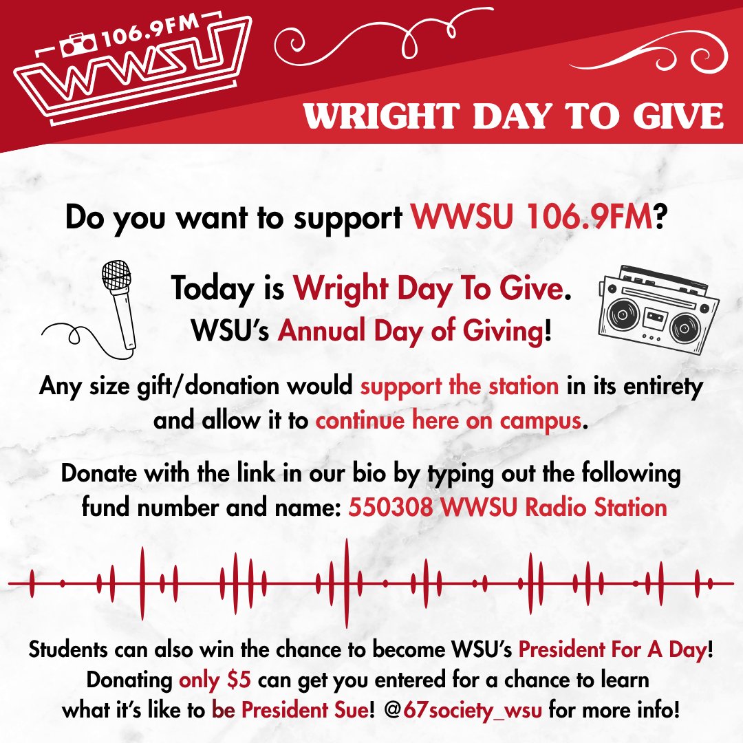 Today is Wright Day to Give. A gift to the WWSU Radio Station fund supports station improvements and equipment replacement and repair. Give today at givecampus.com/s/oee2f4.