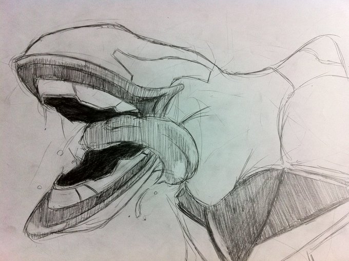 この流れだから貼るか。大昔に描いた落描きエヴァ量産機。歯の装甲のデザイン思いっ切り間違えているのは密に、密に 