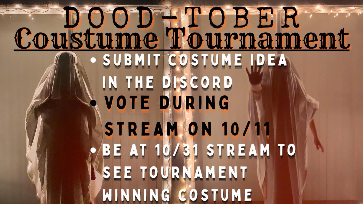 Halloween Costume Tournament Time!!!!
👻Send in your suggestion with a picture or a link for who I should be on October 31st!!

The Dood-Tober Tournament will happen on Saturday, October 11th!! You have until then to send in your ideas👻