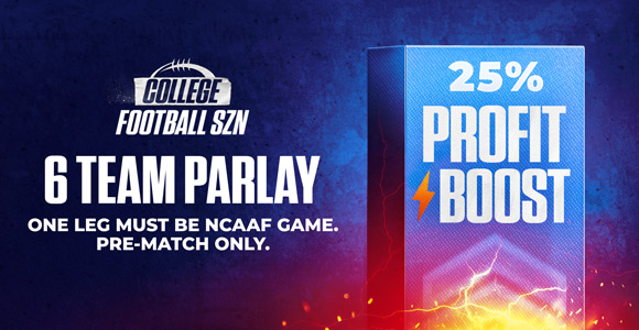 Parlays Pay 25% More!

Build a 6-leg parlay with at least one College Football game in it, and score 25% more if it hits. Why settle for less when you can boost your profits?
25% NCAAF Profit Boost:

• Make your 6-leg parlay (pre-game bets only).
• Activate the 25% Profit Boost