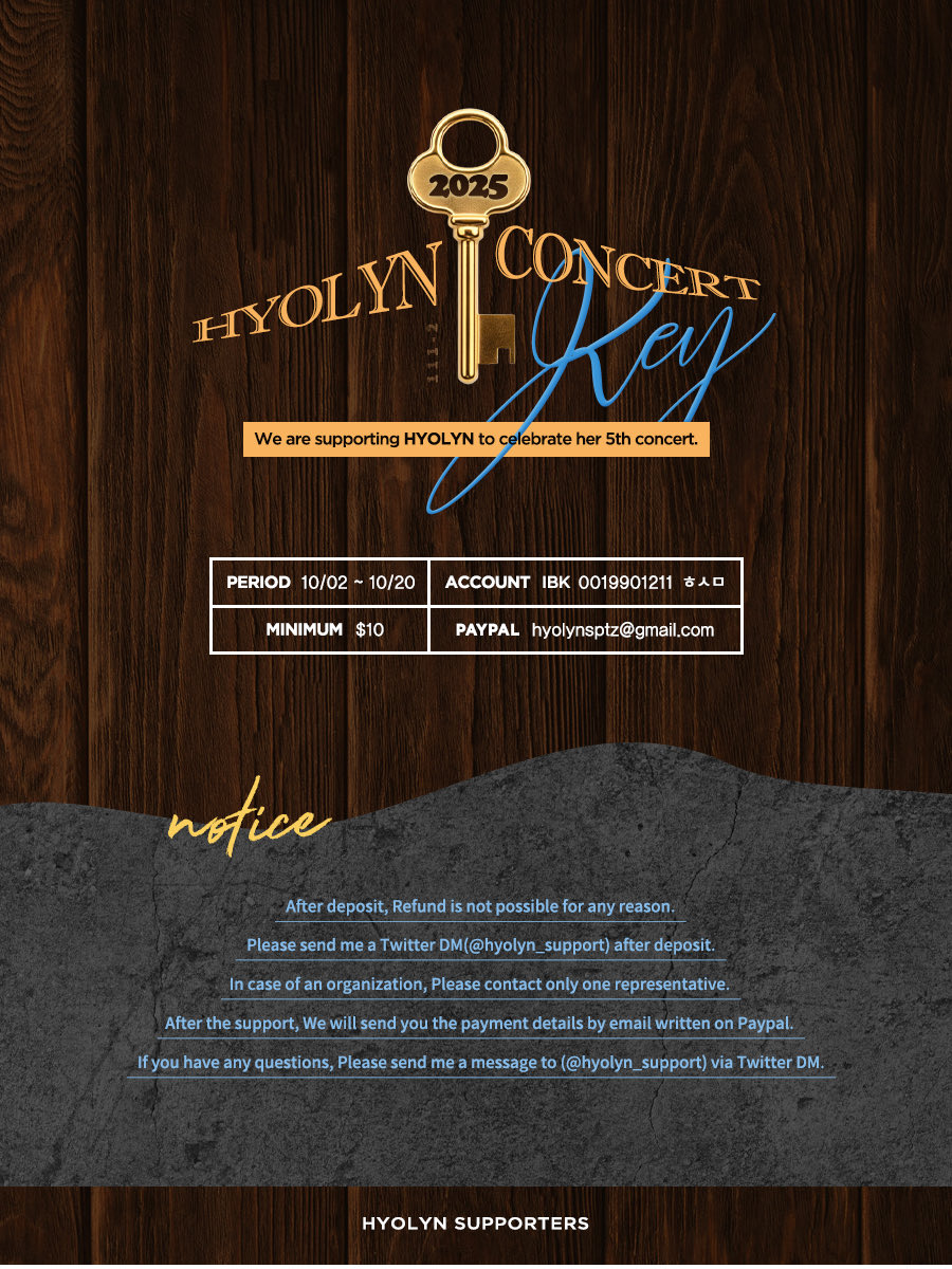 hyolyn_support's tweet image. 2025 𝙷𝚈𝙾𝙻𝚈𝙽 𝙲𝙾𝙽𝙲𝙴𝚁𝚃 [𝙺𝙴𝚈]
서포트 모금 안내

입금 기간: 10/2 ~ 10/20 (변동 가능)
입금폼: naver.me/GhSymsBy

아래의 공지 내용을 확인하신 후,
BAE들의 많은 참여 부탁드립니다!

#효린 #HYOLYN