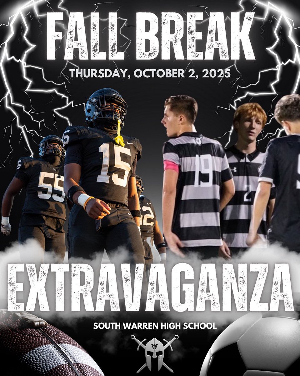 ⚔️ FALL BREAK EXTRAVAGANZA ⚔️

For one ticket, support both @southwarrenfb and <a href="/Spartans_Soccer/">South Warren Spartans Soccer</a> on Thurs, Oct 2! Football hosts Meade Co at 7:00 p.m., and Soccer welcomes Owensboro at 7:30 p.m.

Come support the Spartans! 

Tickets - bit.ly/48I1Tv5

⚔️ GO SOUTH! ⚔️
